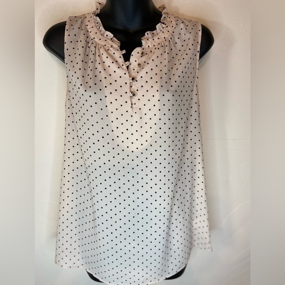 41 Hawthorn~Cream Sleeveless Top~Black Dot Flocking~Ruffle Neck~Buttons~Size XS - Picture 2 of 10